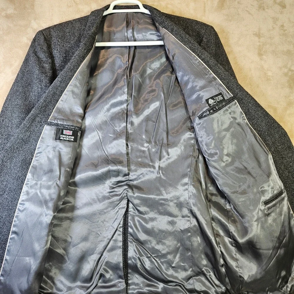 English Manor Mens 48L Herringbone Tweed 100% Wool Sport Coat Blazer Gray Black